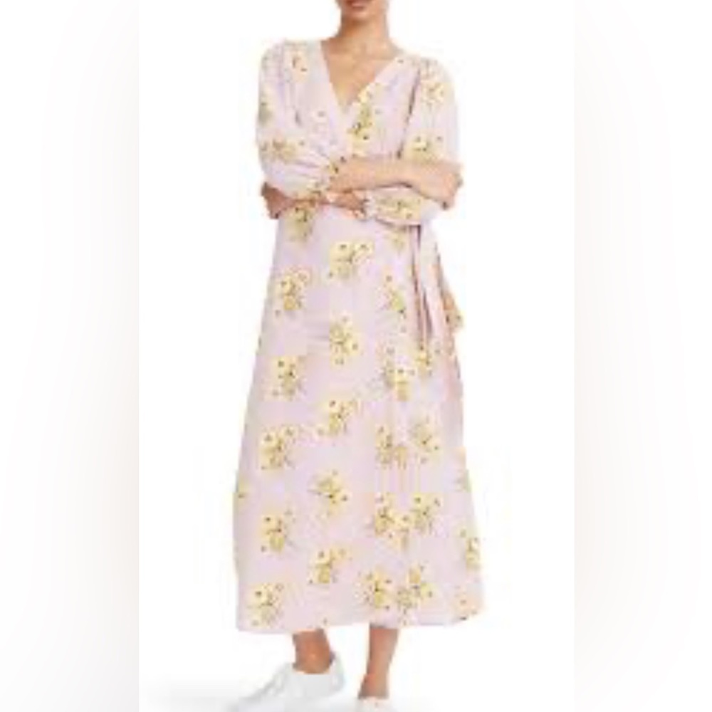 Madewell women’s Small Linen-Blend Ruffle-Cuff Wrap Dress in Dutch Dandelions.